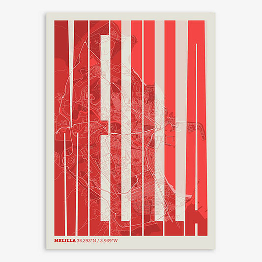 Decorative map of Melilla and letters of its name in a giclée print designed in red and an off-white background
