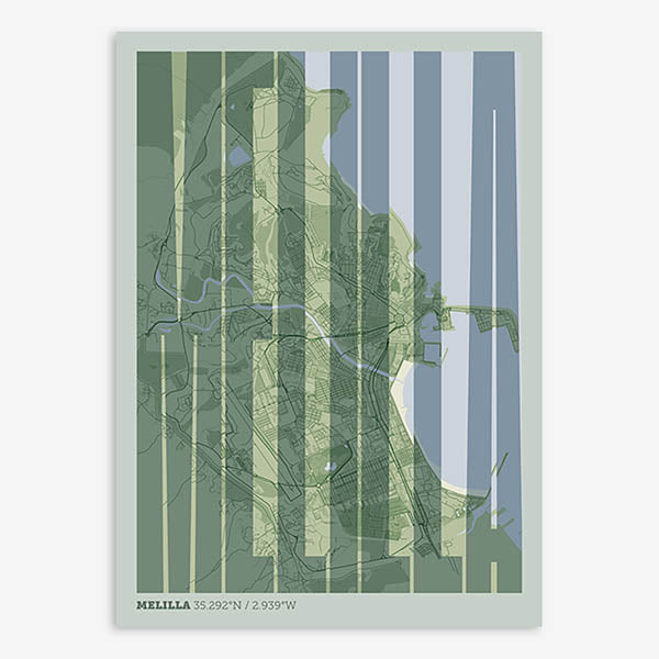 Decorative map of Melilla and letters of its name in a giclée print designed in two green tones