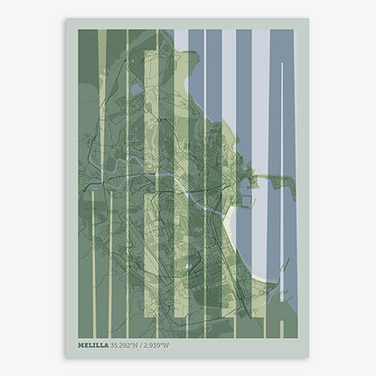 Decorative map of Melilla and letters of its name in a giclée print designed in two green tones