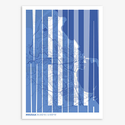 Decorative map of Melilla and letters of its name in a giclée print designed in navy blue and white