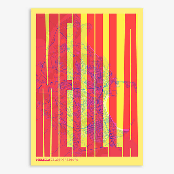 Decorative map of Melilla and letters of its name in a giclée print designed in yellow and fuchsia