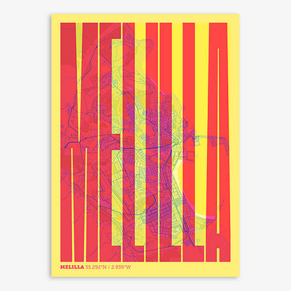 Decorative map of Melilla and letters of its name in a giclée print designed in yellow and fuchsia