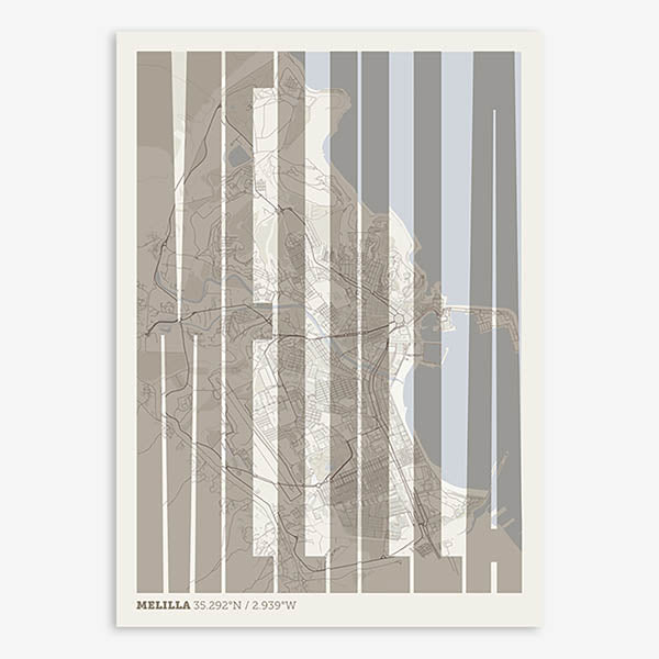 Decorative map of Melilla and letters of its name in a giclée print designed in light brown and an off-white background