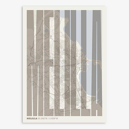 Decorative map of Melilla and letters of its name in a giclée print designed in light brown and an off-white background