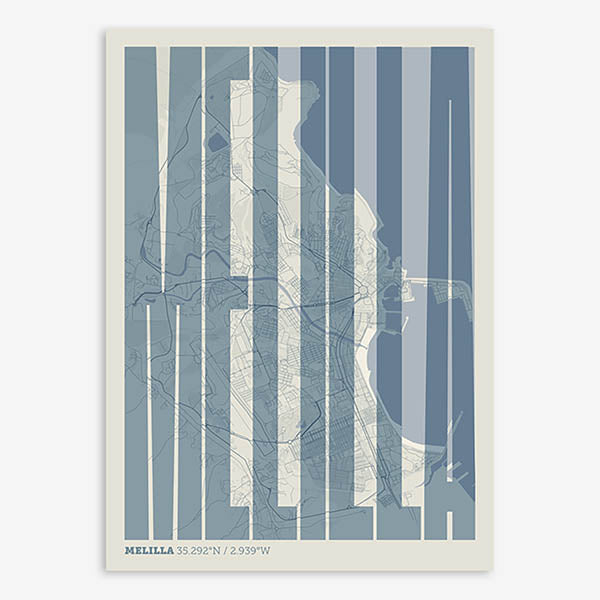 Decorative map of Melilla and letters of its name in a giclée print designed in bluish gray and an off-white background