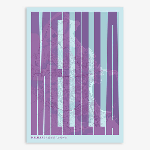 Decorative map of Melilla and letters of its name in a giclée print designed in purple and light blue