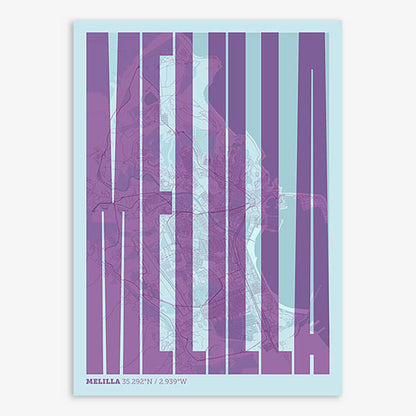 Decorative map of Melilla and letters of its name in a giclée print designed in purple and light blue