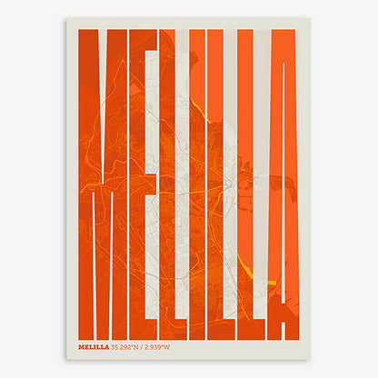 Decorative map of Melilla and letters of its name in a giclée print designed in orange and an off-white background
