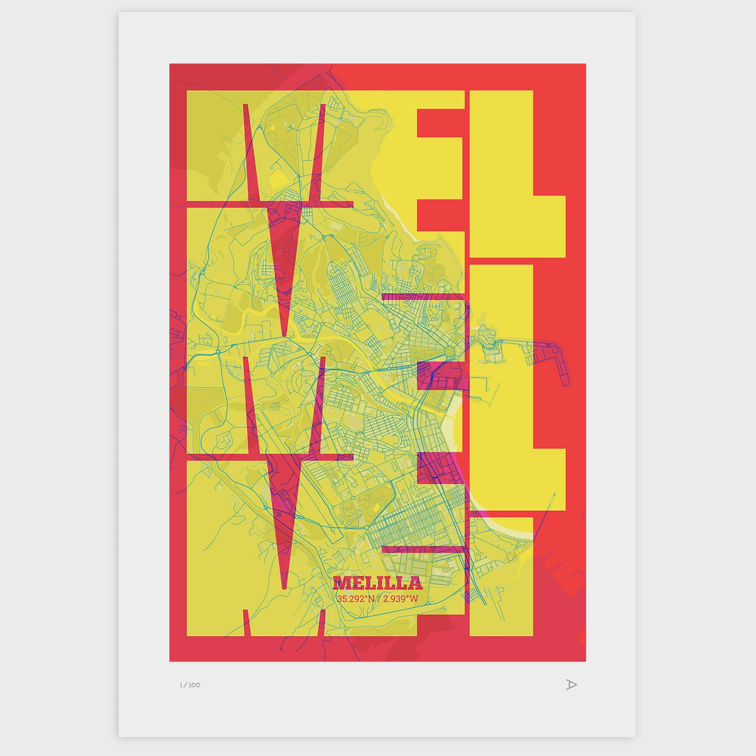Lámina tipográfica de Melilla – diseño Inseparable, sin marco sobre papel