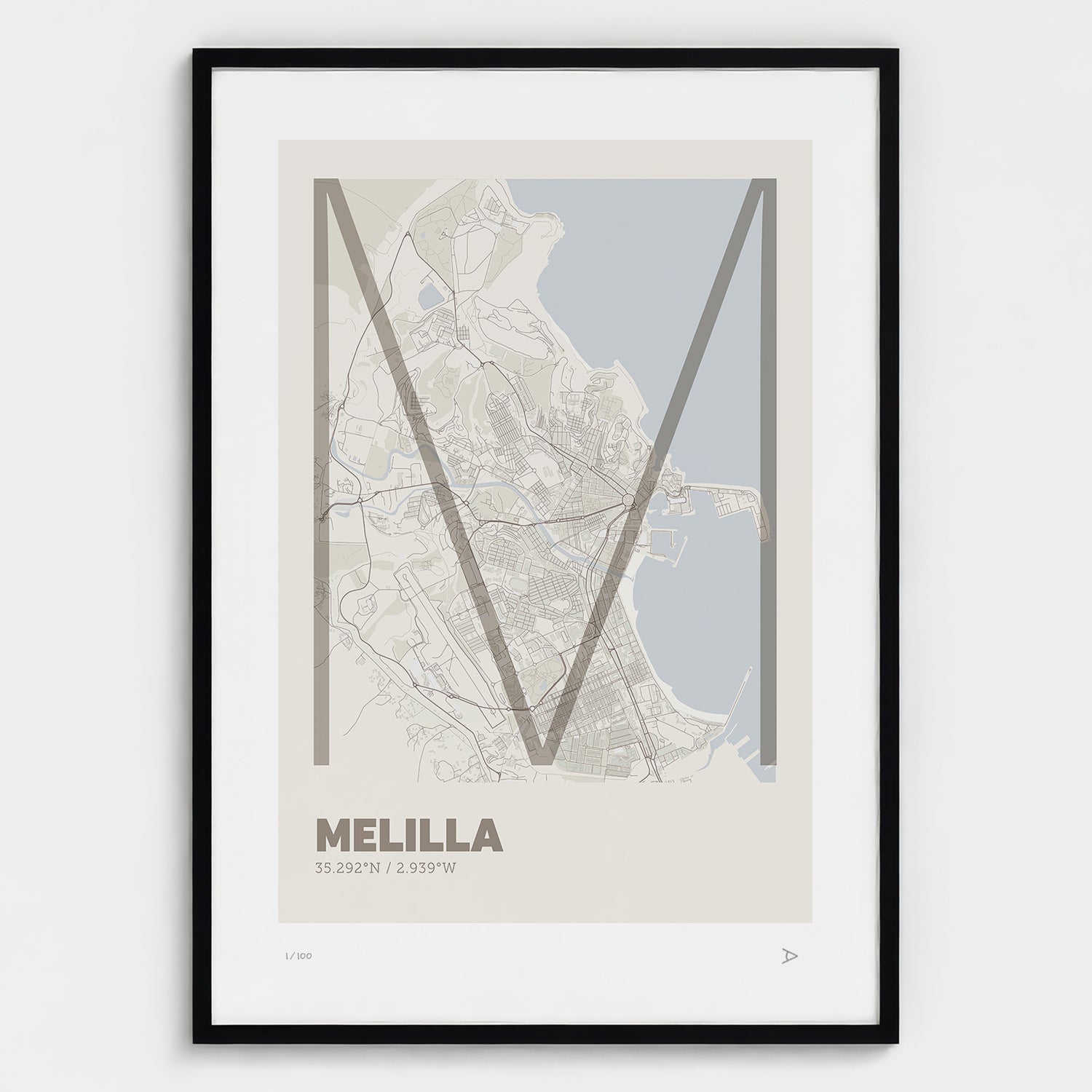 Lámina tipográfica de Melilla – diseño Ultrafina, marco negro