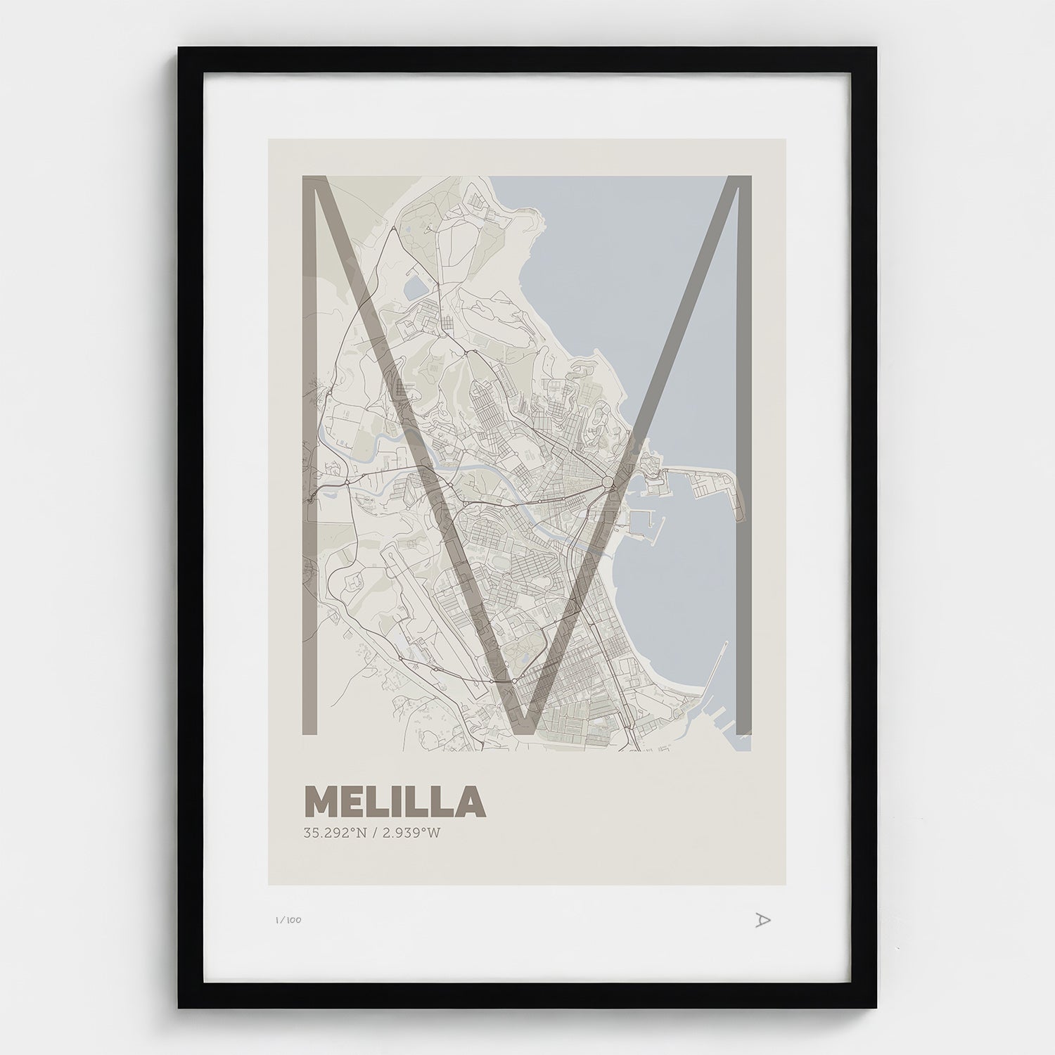 Lámina tipográfica de Melilla – diseño Ultrafina, marco negro