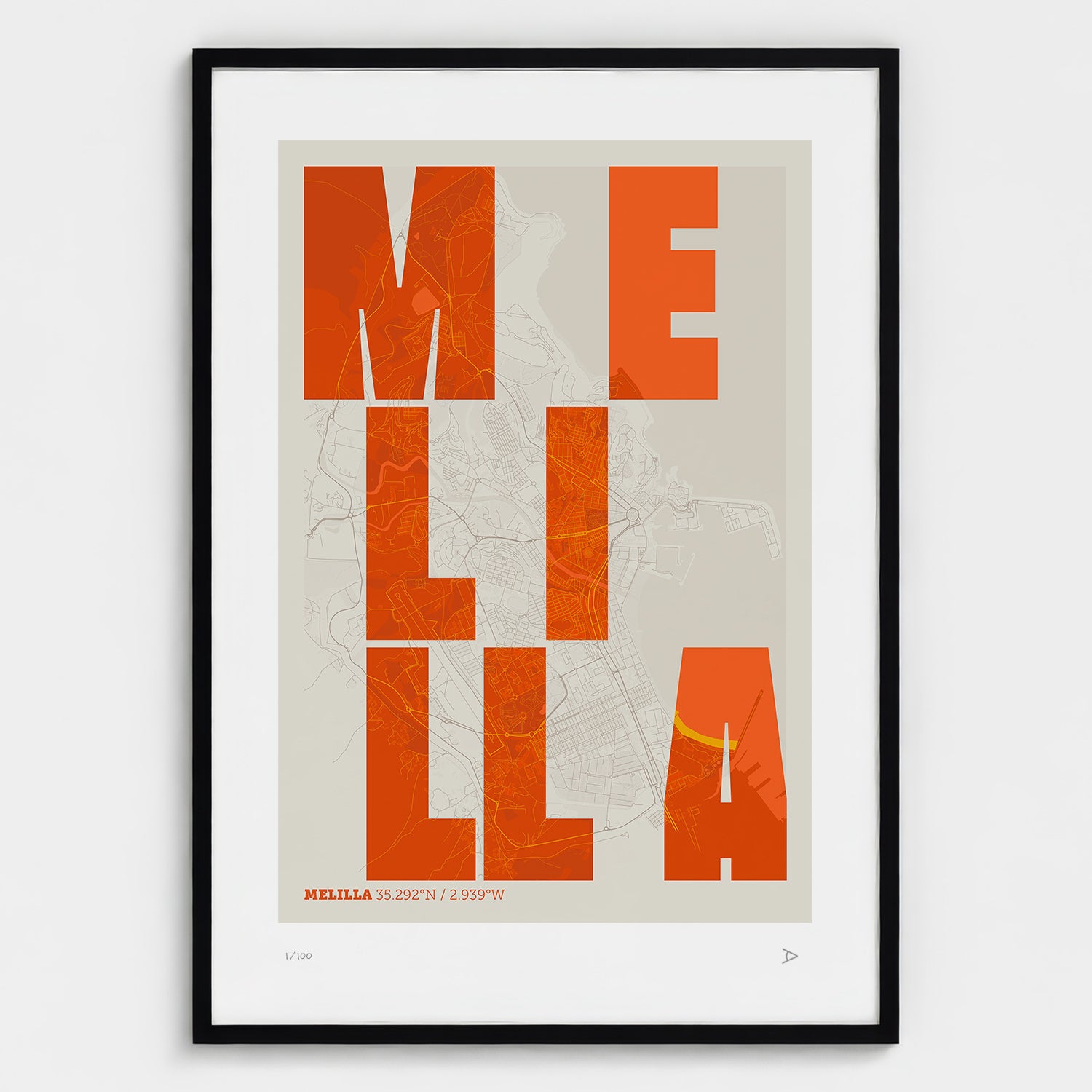 Lámina tipográfica de Melilla – diseño Revoltosa, marco negro