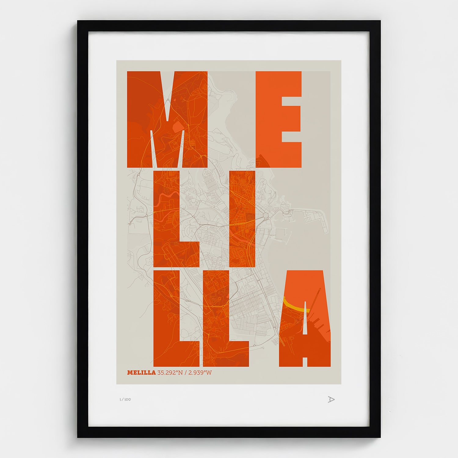 Lámina tipográfica de Melilla – diseño Revoltosa, marco negro