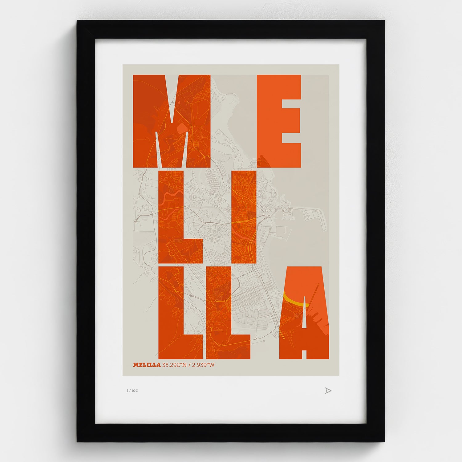 Lámina tipográfica de Melilla – diseño Revoltosa, marco negro