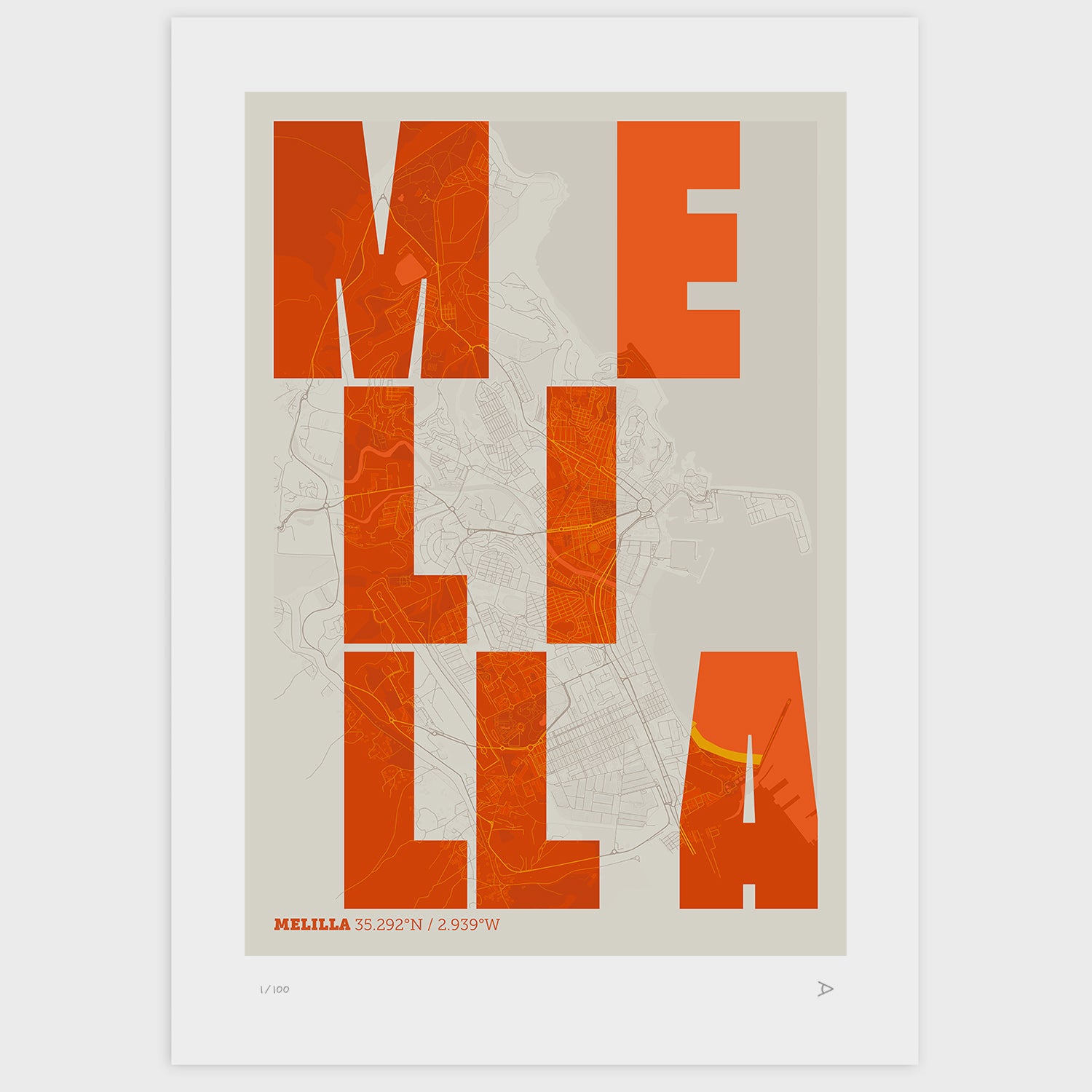 Lámina tipográfica de Melilla – diseño Revoltosa, sin marco sobre papel