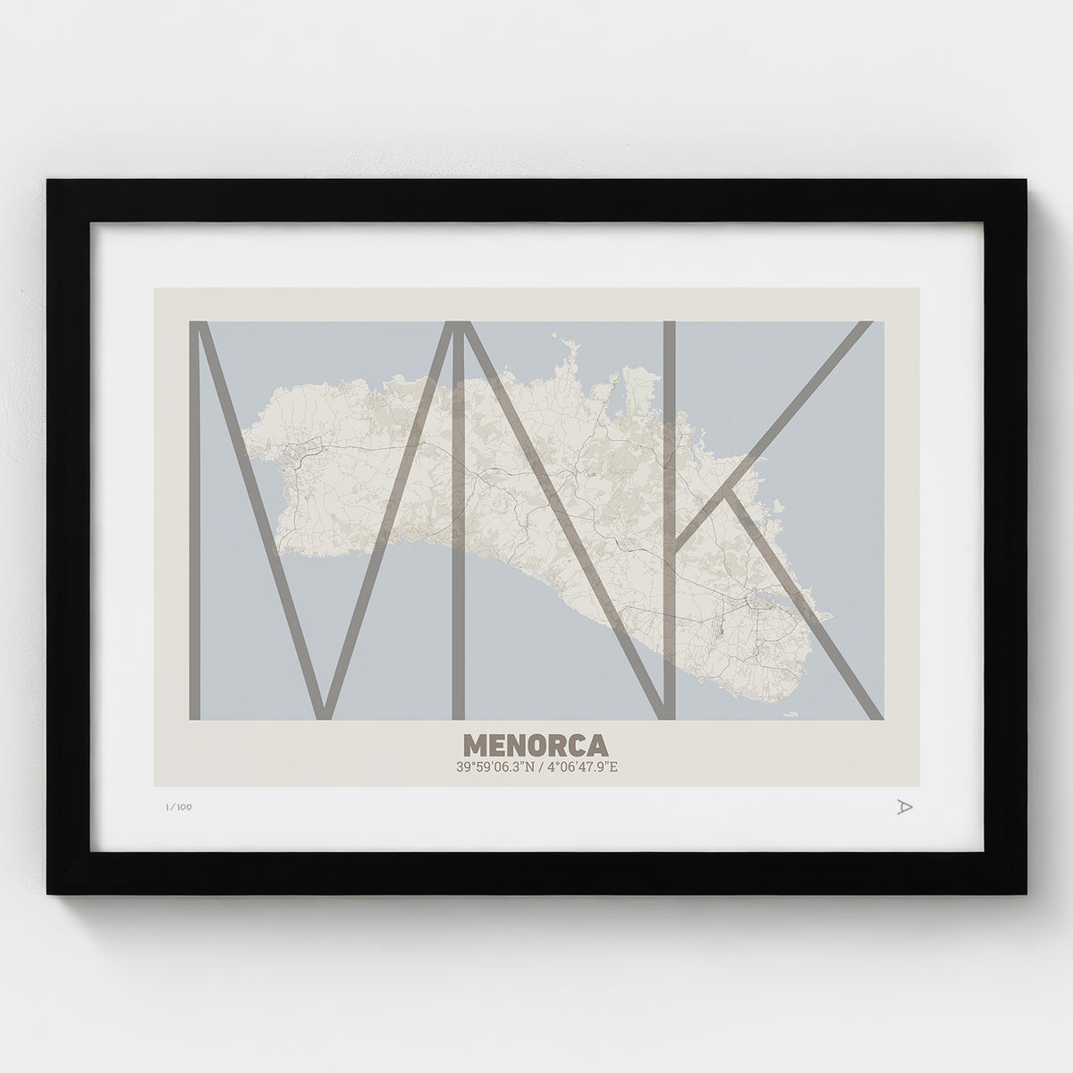 Lámina tipográfica de Menorca – diseño Ultrafina, marco negro