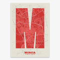 Decorative print of Murcia composed with letters in a heavy geometric font printed on red and an off-white background