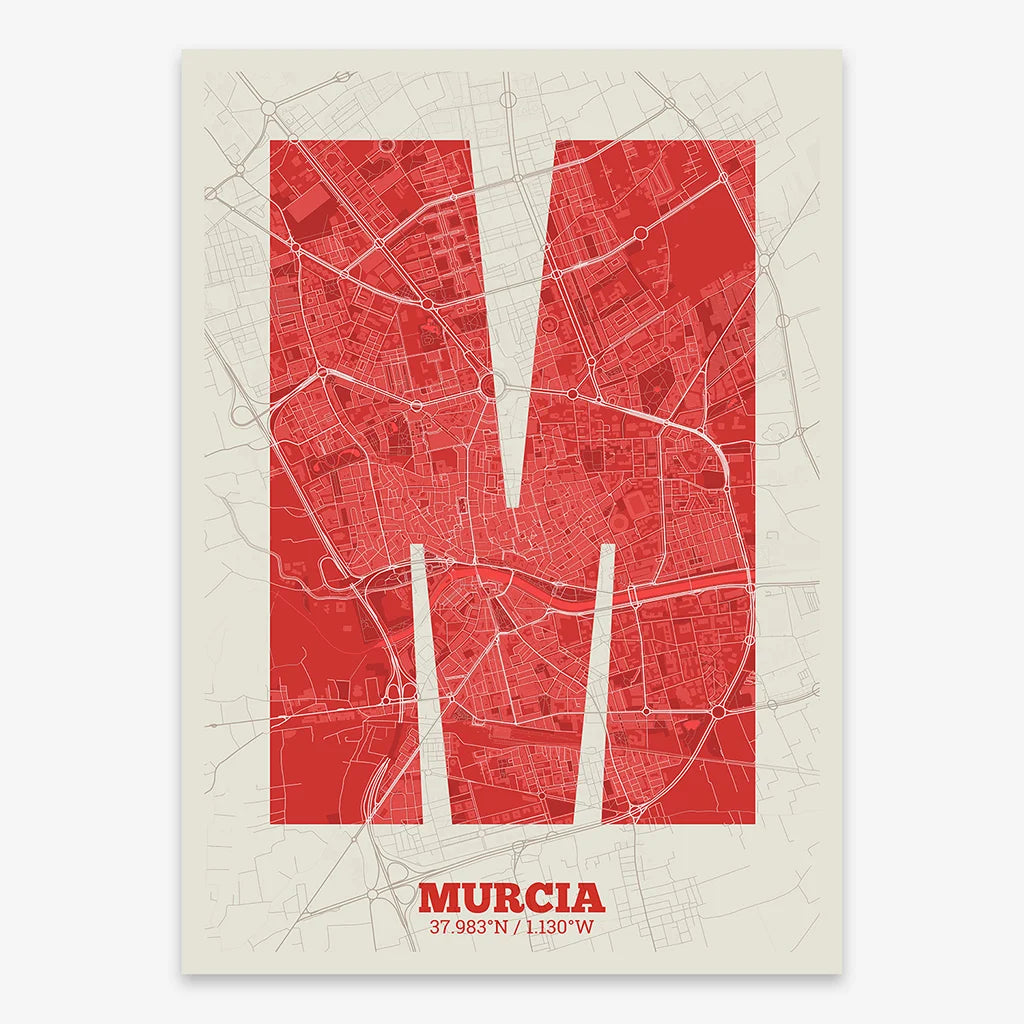 Decorative print of Murcia composed with letters in a heavy geometric font printed on red and an off-white background