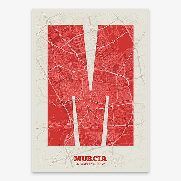 Decorative print of Murcia composed with letters in a heavy geometric font printed on red and an off-white background