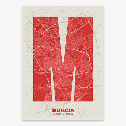 Decorative print of Murcia composed with letters in a heavy geometric font printed on red and an off-white background