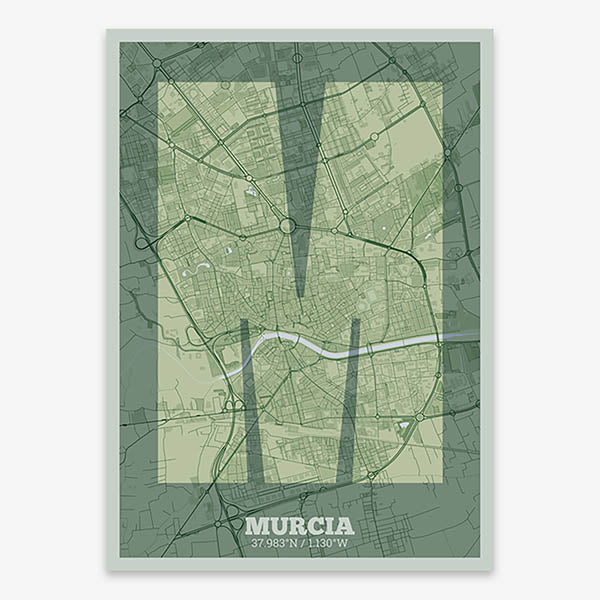 Decorative print of Murcia composed with letters in a heavy geometric font printed on two green tones