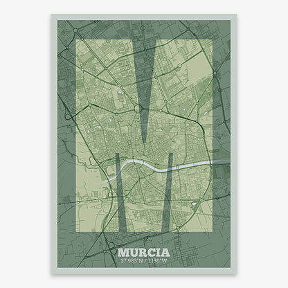 Decorative print of Murcia composed with letters in a heavy geometric font printed on two green tones