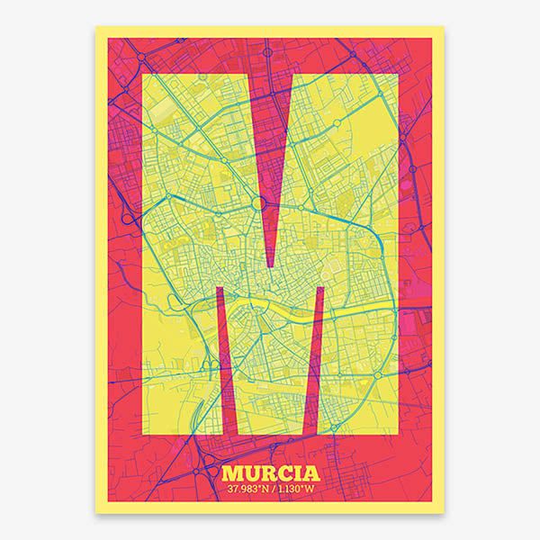 Decorative print of Murcia composed with letters in a heavy geometric font printed on yellow and fuchsia