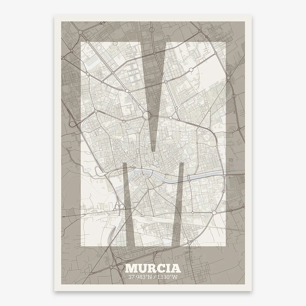 Decorative print of Murcia composed with letters in a heavy geometric font printed on light brown and an off-white background