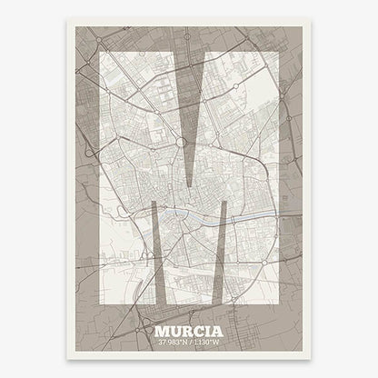 Decorative print of Murcia composed with letters in a heavy geometric font printed on light brown and an off-white background