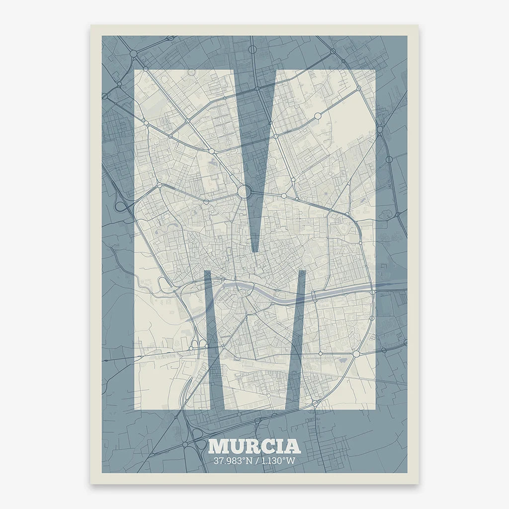 Decorative print of Murcia composed with letters in a heavy geometric font printed on bluish gray and an off-white background