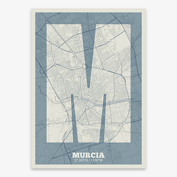 Decorative print of Murcia composed with letters in a heavy geometric font printed on bluish gray and an off-white background