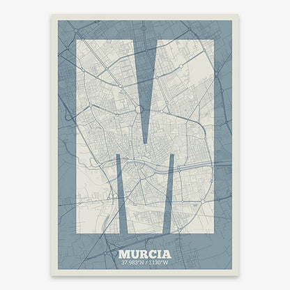Decorative print of Murcia composed with letters in a heavy geometric font printed on bluish gray and an off-white background