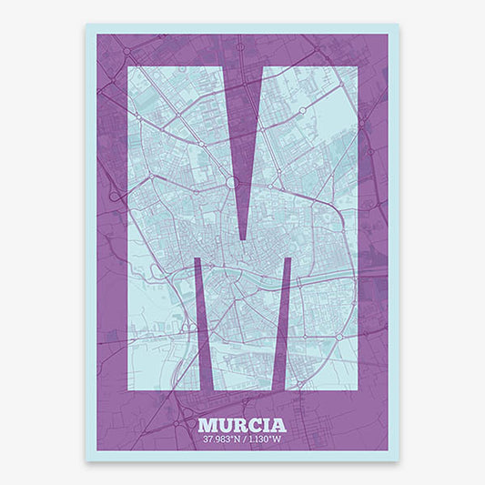 Decorative print of Murcia composed with letters in a heavy geometric font printed on purple and light blue