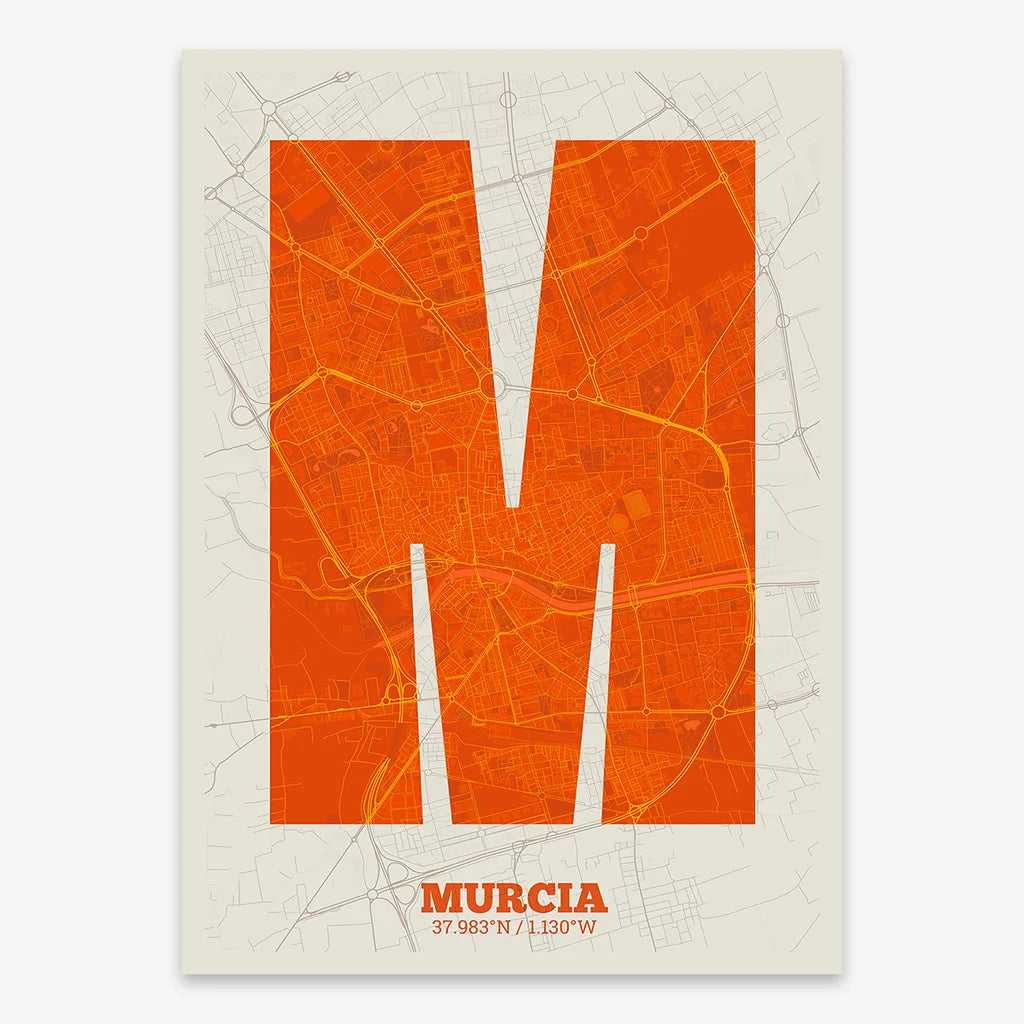Decorative print of Murcia composed with letters in a heavy geometric font printed on orange and an off-white background