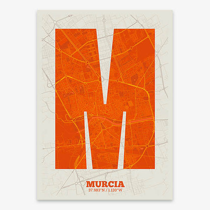 Decorative print of Murcia composed with letters in a heavy geometric font printed on orange and an off-white background
