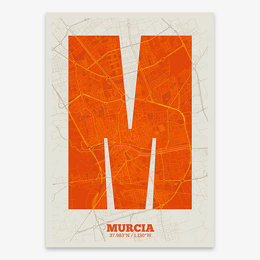 Decorative print of Murcia composed with letters in a heavy geometric font printed on orange and an off-white background