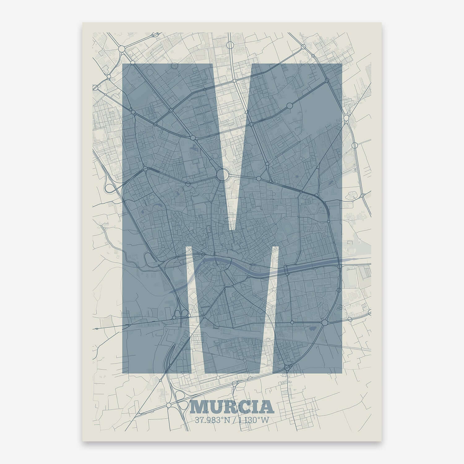 The map of Murcia composed with letters in a heavy geometric font printed on bluish gray and an off-white background