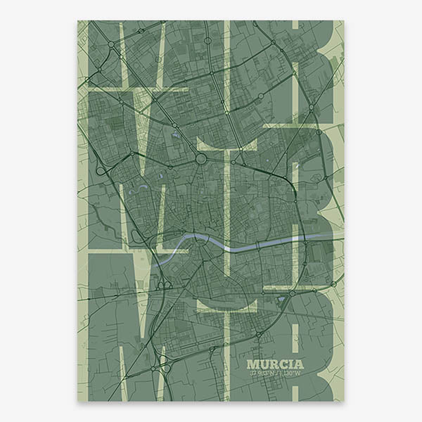 Poster of Murcia composed with letters from its abbreviation or its airport IATA code printed on two green tones