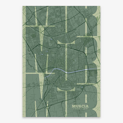 Poster of Murcia composed with letters from its abbreviation or its airport IATA code printed on two green tones