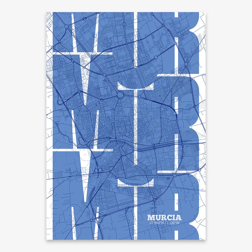 Poster of Murcia composed with letters from its abbreviation or its airport IATA code printed on navy blue and white
