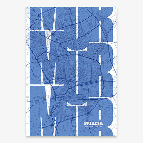 Poster of Murcia composed with letters from its abbreviation or its airport IATA code printed on navy blue and white