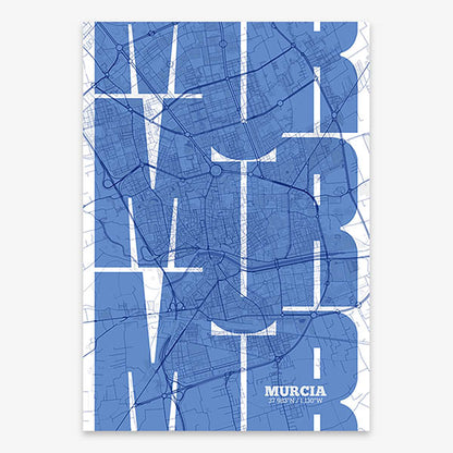 Poster of Murcia composed with letters from its abbreviation or its airport IATA code printed on navy blue and white