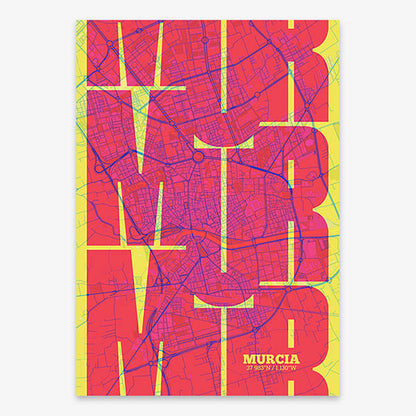 Poster of Murcia composed with letters from its abbreviation or its airport IATA code printed on yellow and fuchsia