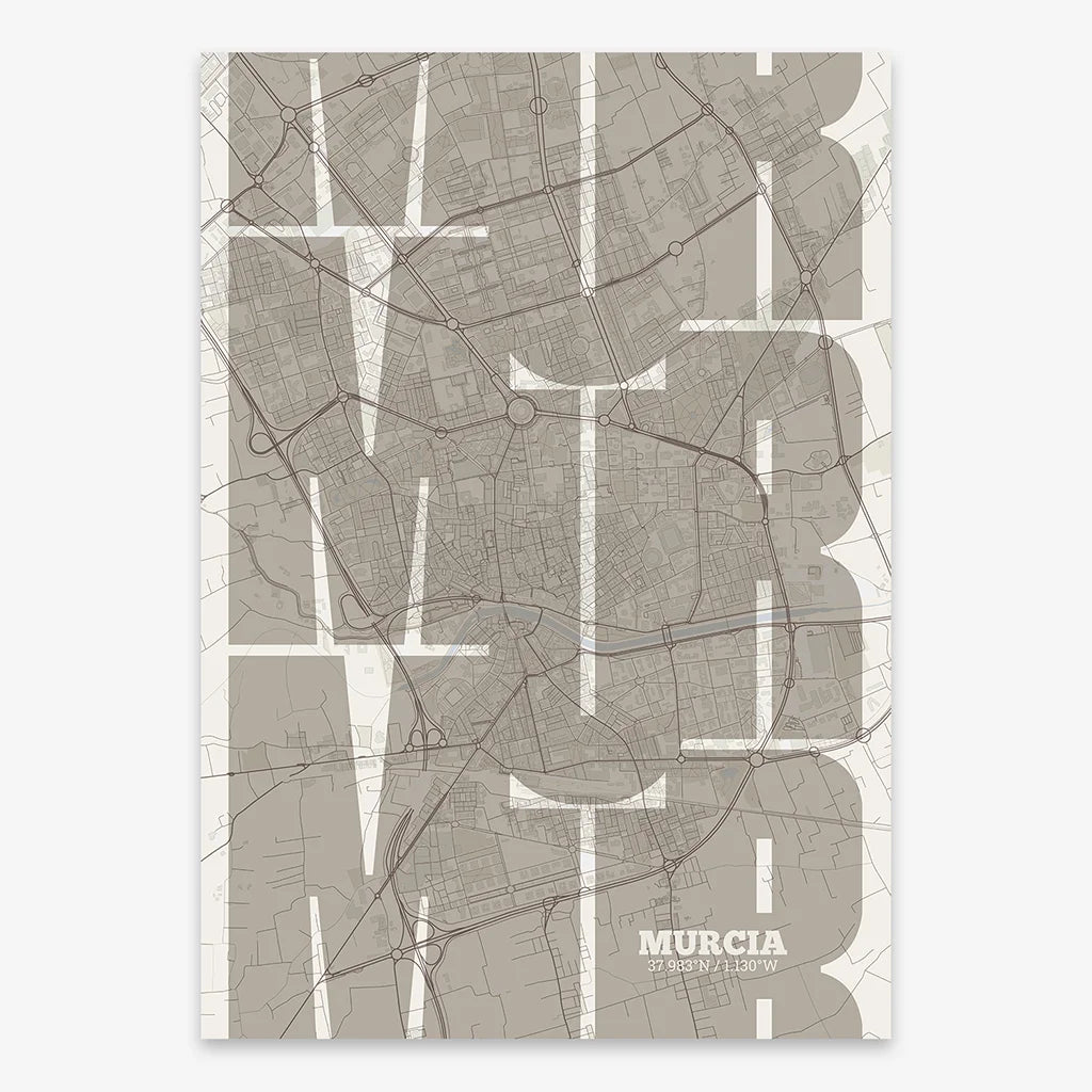 Poster of Murcia composed with letters from its abbreviation or its airport IATA code printed on light brown and an off-white background