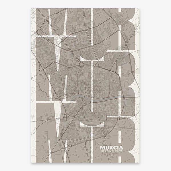 Poster of Murcia composed with letters from its abbreviation or its airport IATA code printed on light brown and an off-white background