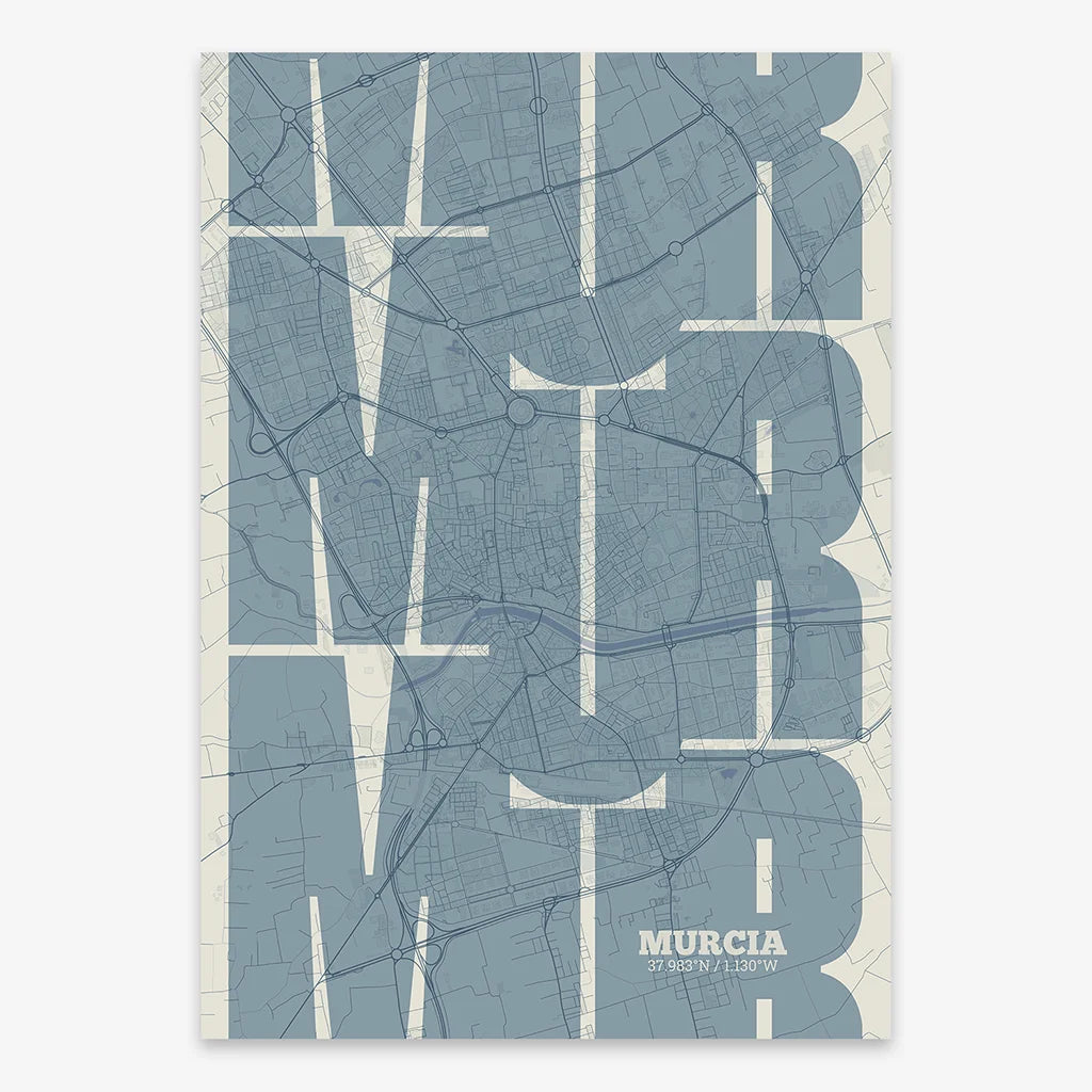 Poster of Murcia composed with letters from its abbreviation or its airport IATA code printed on bluish gray and an off-white background