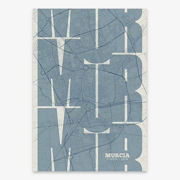 Poster of Murcia composed with letters from its abbreviation or its airport IATA code printed on bluish gray and an off-white background