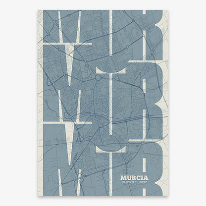 Poster of Murcia composed with letters from its abbreviation or its airport IATA code printed on bluish gray and an off-white background