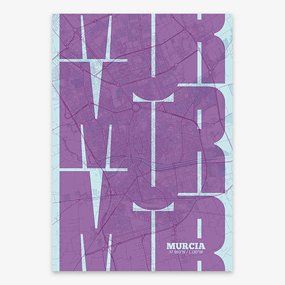 Poster of Murcia composed with letters from its abbreviation or its airport IATA code printed on purple and light blue