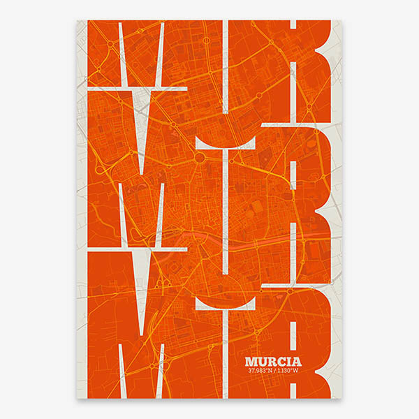 Poster of Murcia composed with letters from its abbreviation or its airport IATA code printed on orange and an off-white background